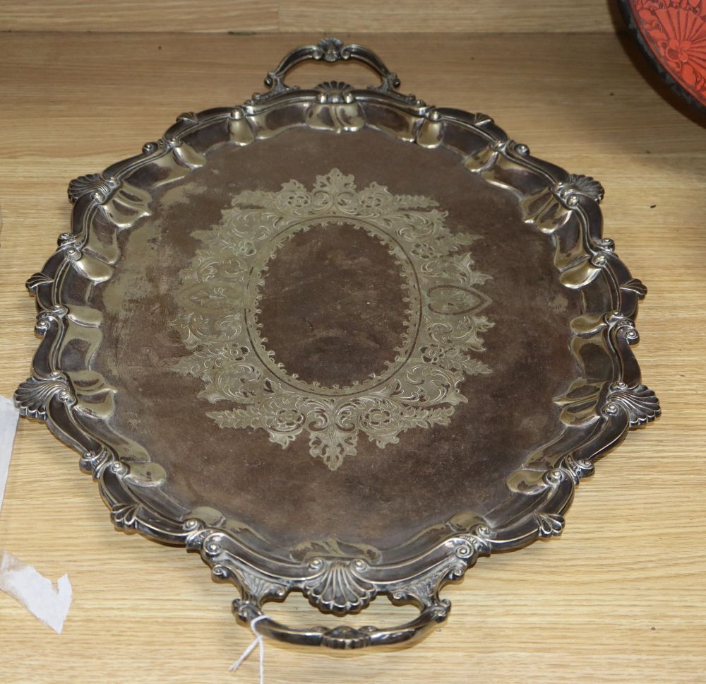 A Victorian plated two handled tea tray, length 68cm